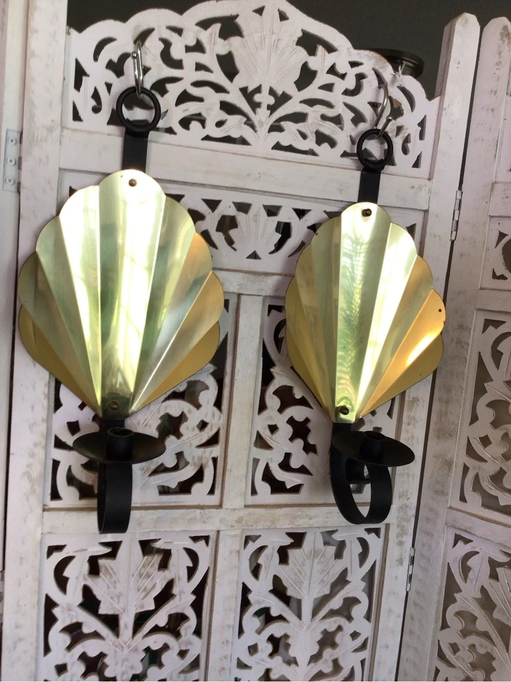Vintage MCM Brass Black Scalloped Clam Shell Wall Sconce Candle Holder Pair 18”